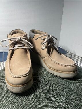 Cole Haan women’s Tan Suede Moccasin lace-up Boots, size 8.5B (pre-owned).